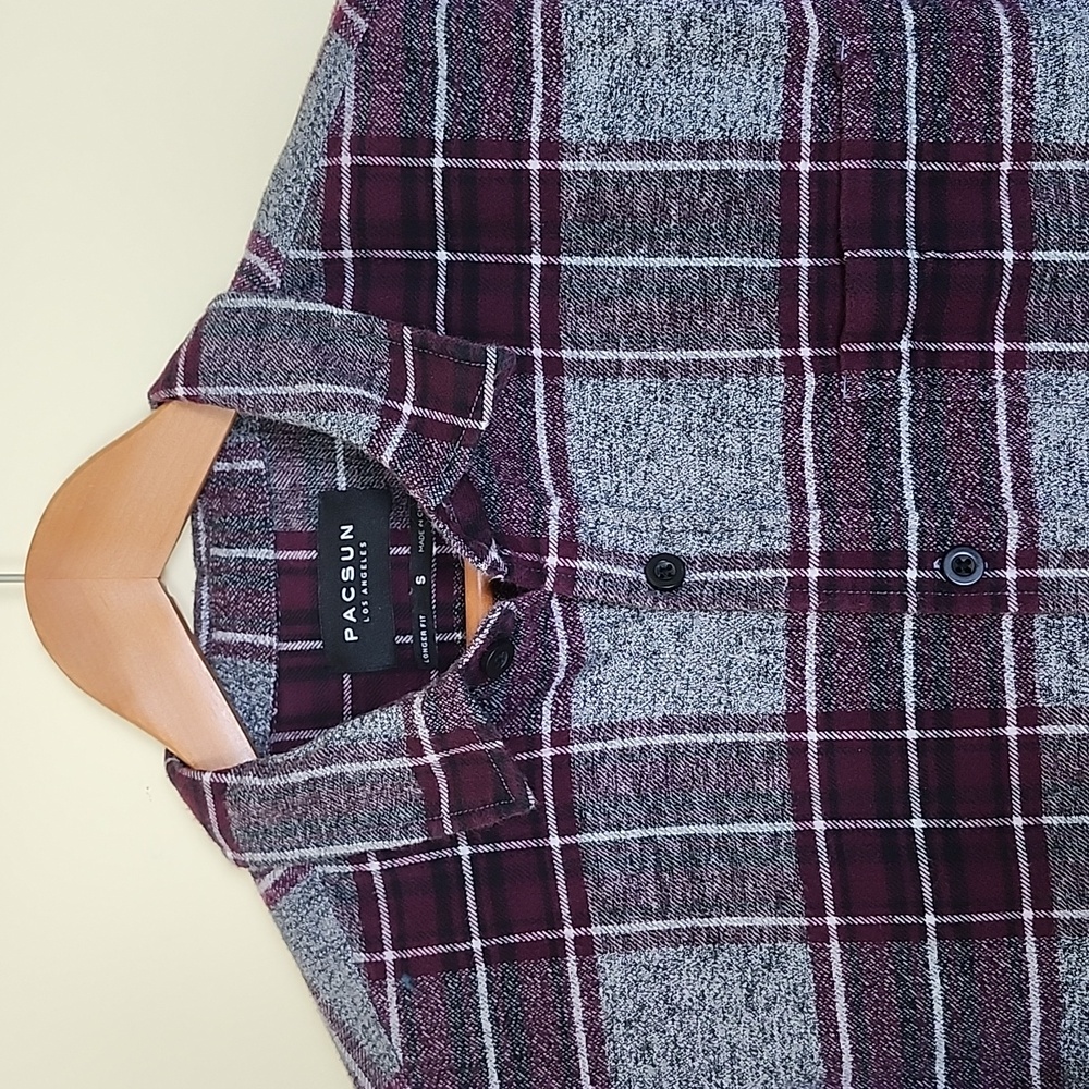 PacSun Gray, Maroon & Black Plaid, Longer Fit, Long Sleeve, Flannel Shirt